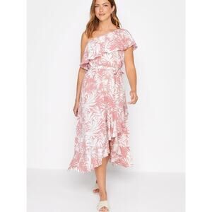 Long Tall Sally LTS One Shoulder Ruffle Floral Midi Dress US 16 Pink Party NEW‎